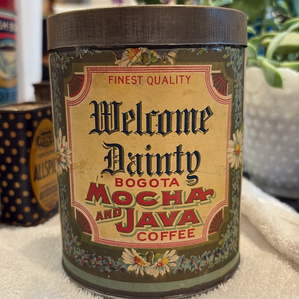 Vintage Coffee Tin with Floral Design Bogota Mocha and Java Coffee